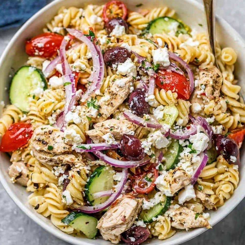 Easy Mediterranean Greek Chicken Pasta Salad 1 greek chicken pasta salad