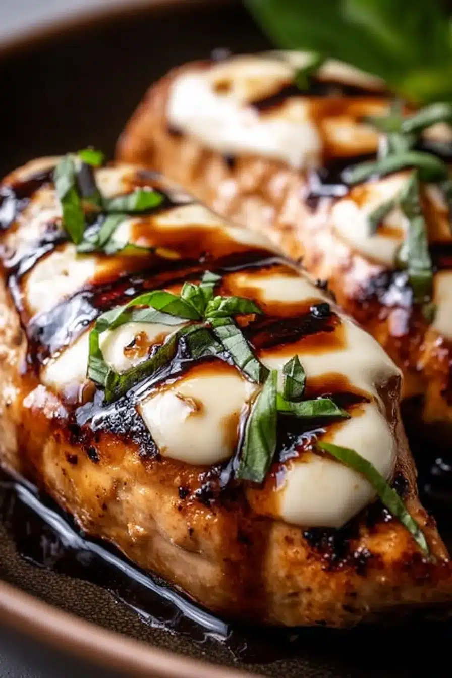 Balsamic Baked Chicken Breast topped with melted Mozzarella Cheese