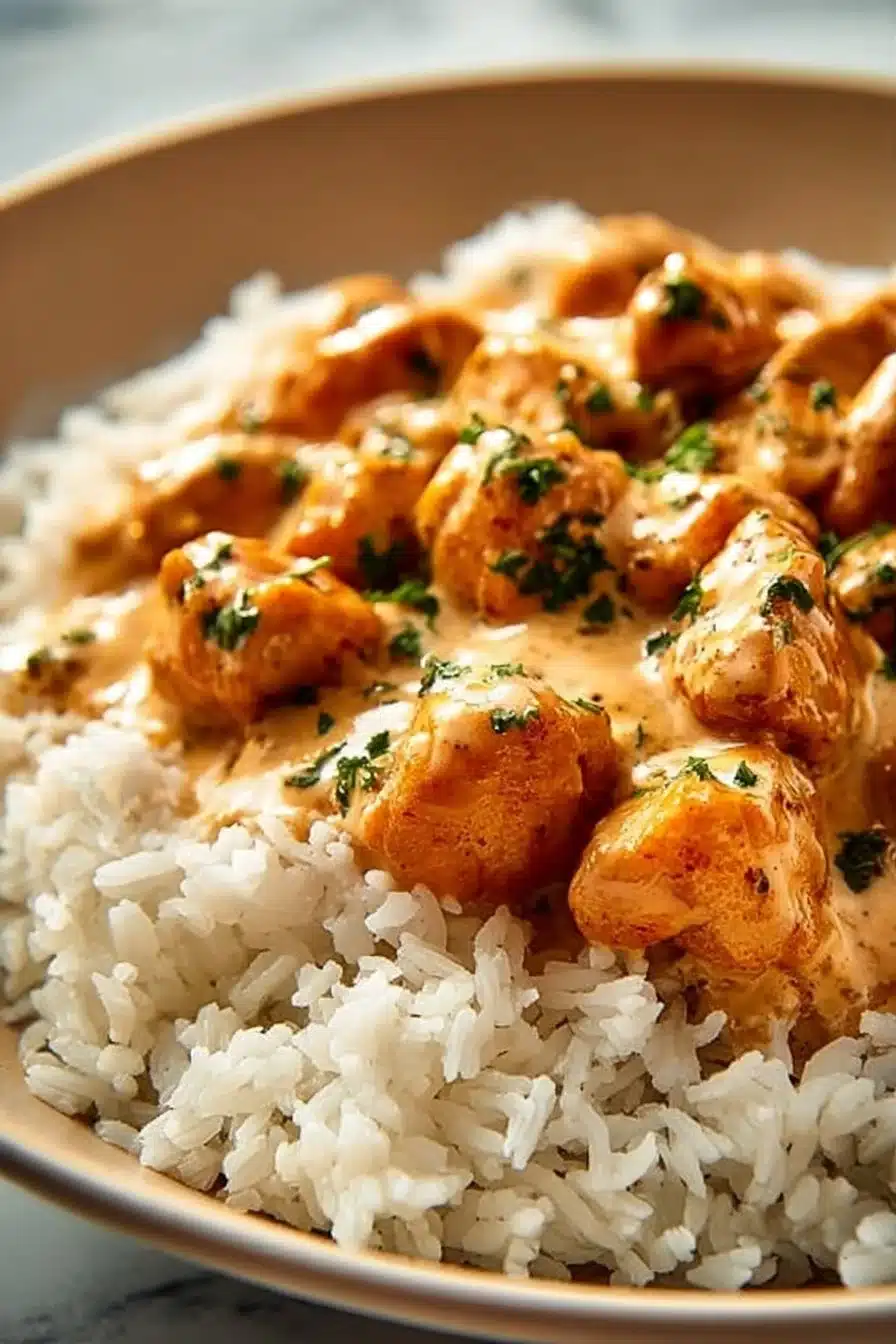 Delicious smothered chicken served over rice, garnished for flavor.