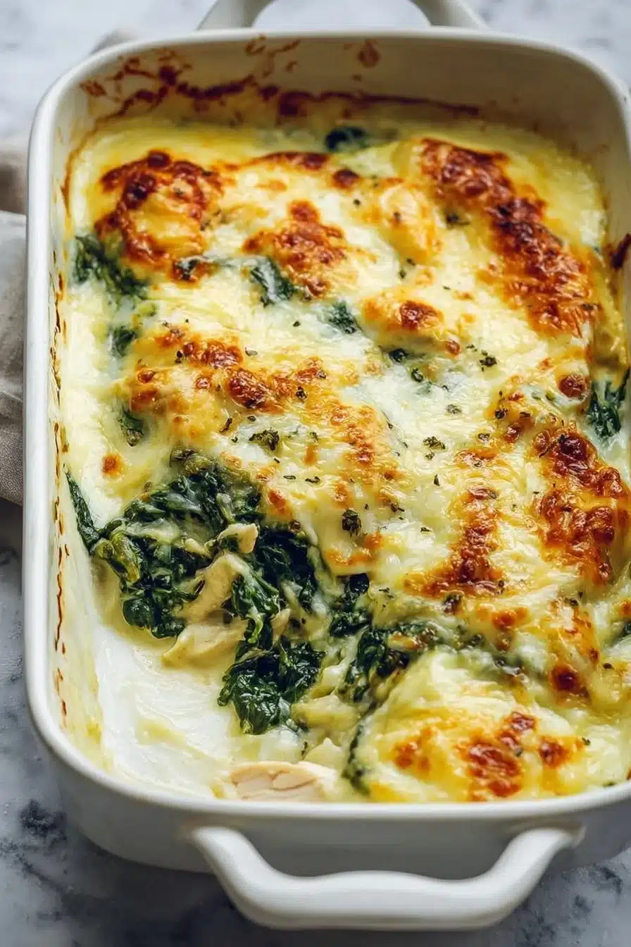 Creamy Chicken and Spinach Casserole with Cream Cheese in a baking dish