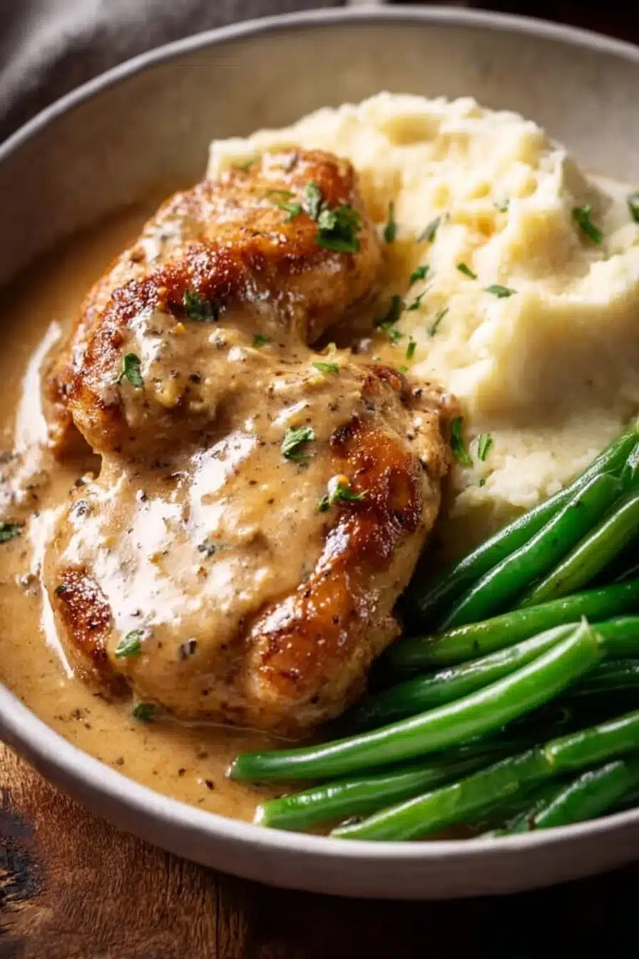 Creamy Garlic Chicken dish served in a bowl with herbs and garlic