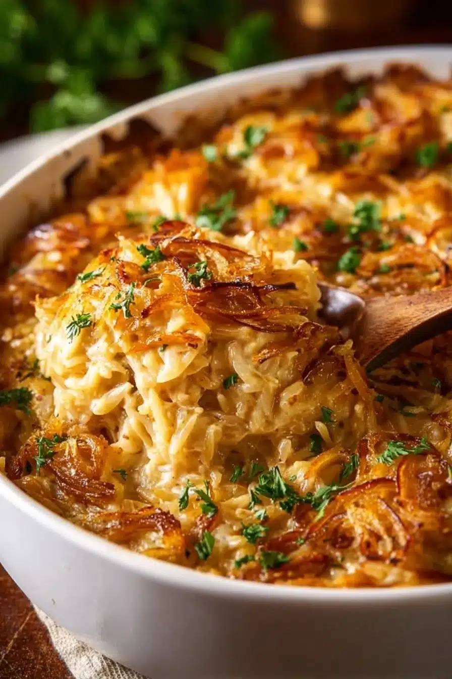 French Onion Chicken Orzo Casserole