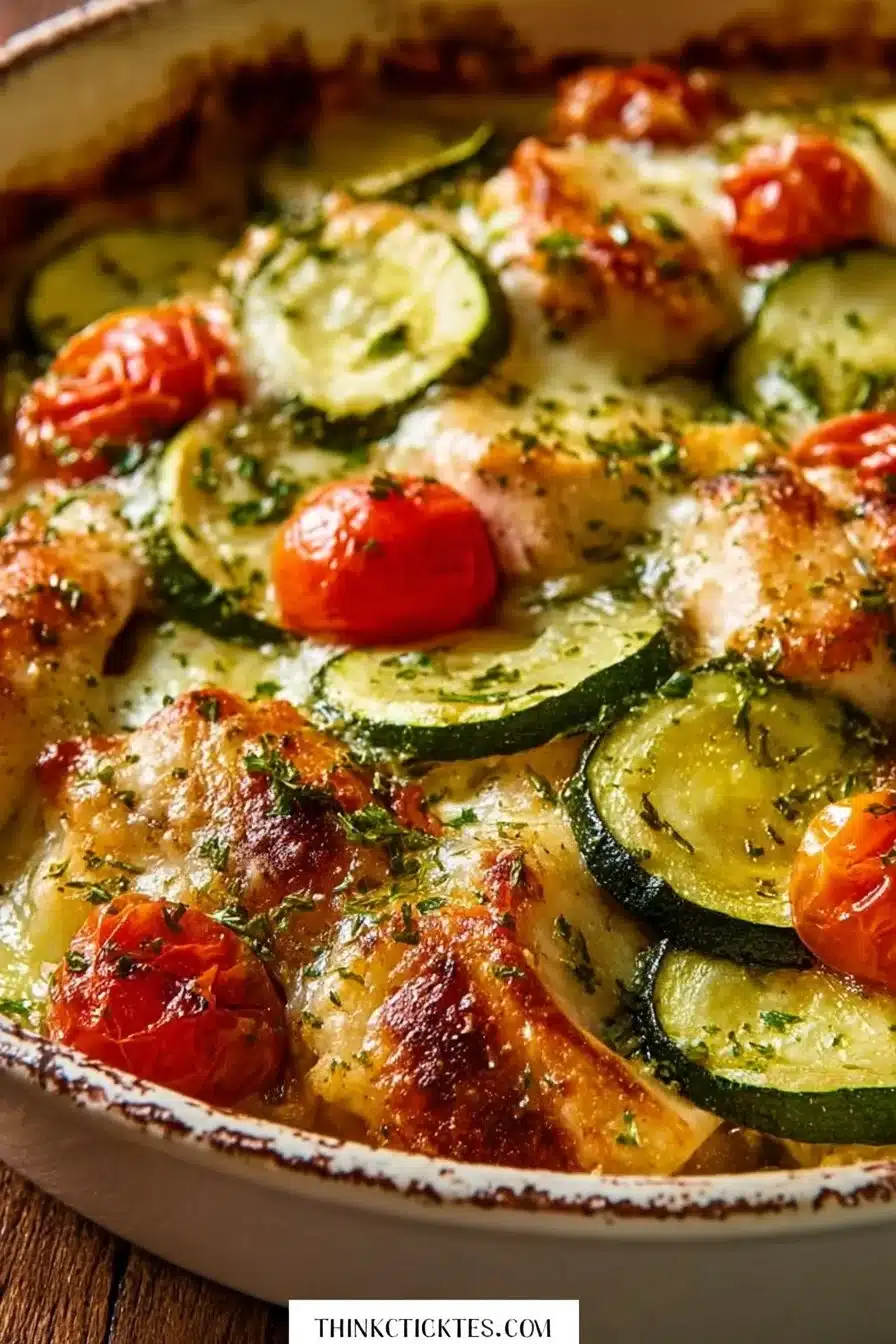 Mediterranean Chicken Zucchini Bake served on a plate with fresh herbs