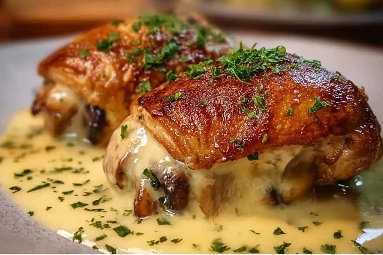 Cheesy Garlic Butter Mushroom Stuffed Chicken