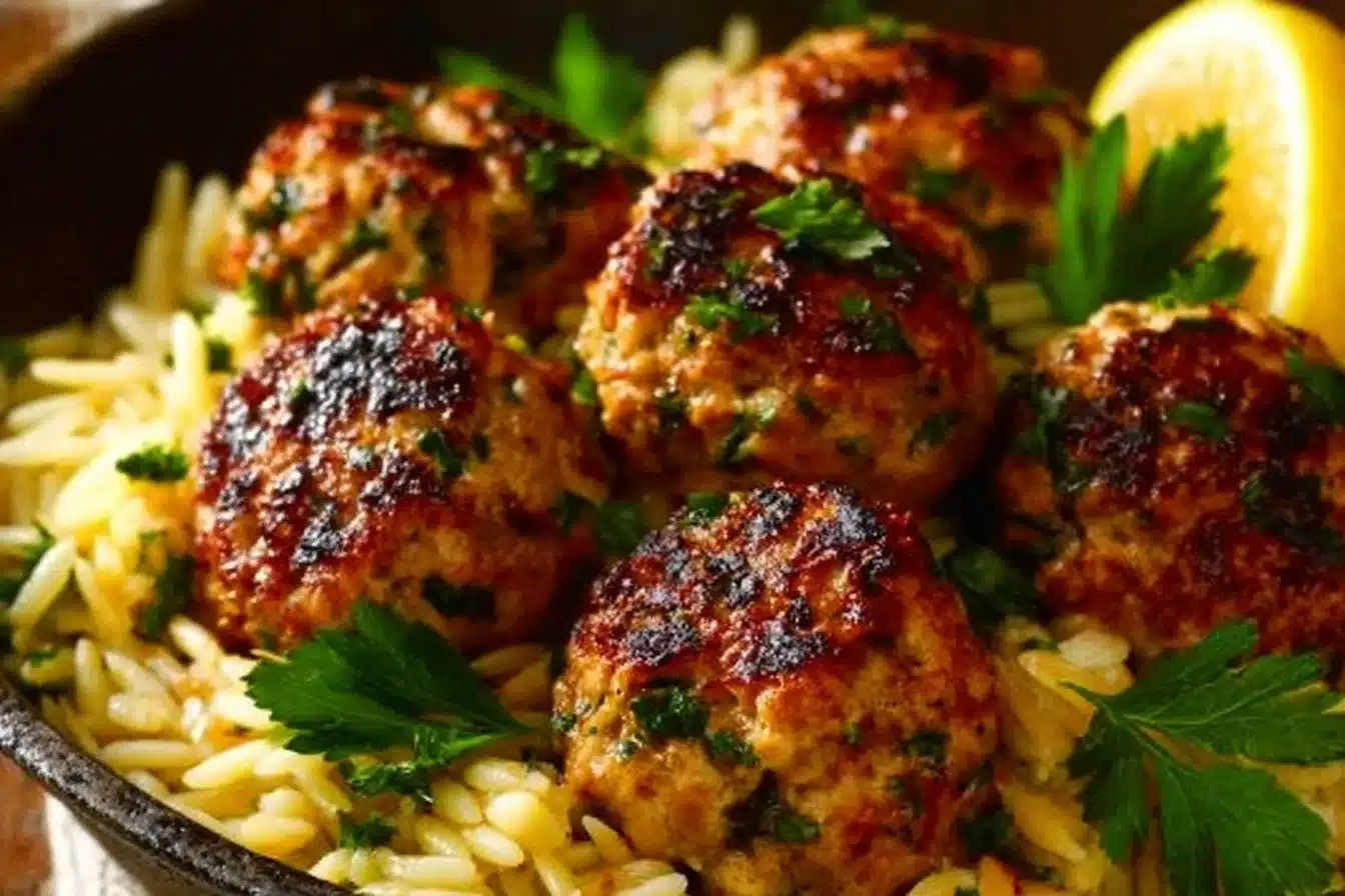 Greek Chicken Meatballs with Lemon Orzo