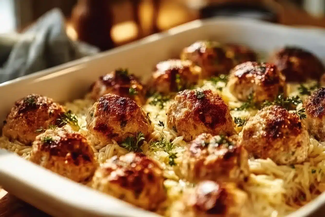 Greek Chicken Meatballs with Lemon Orzo