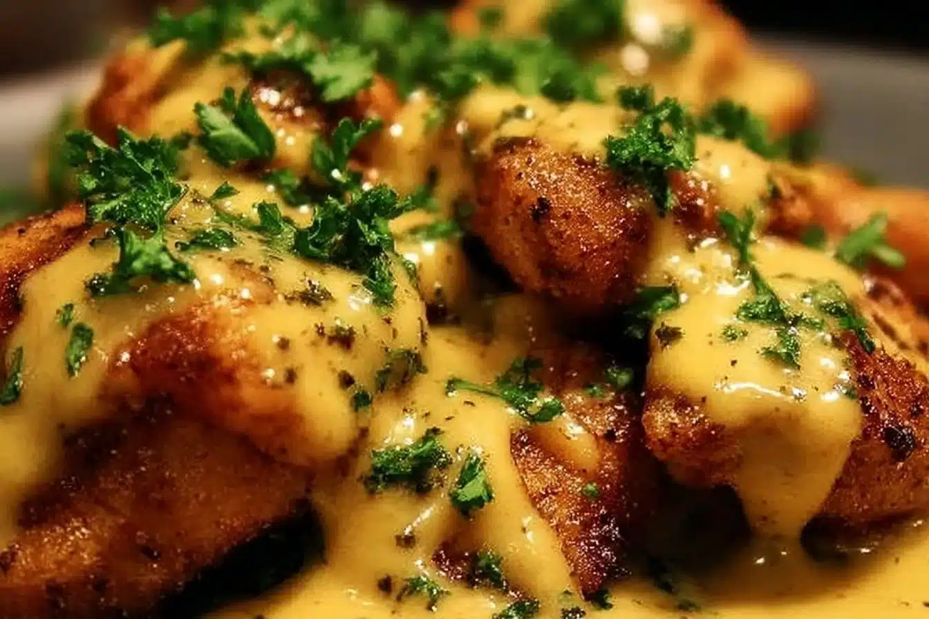 Pretzel Chicken with Mustard-Cheddar Sauce