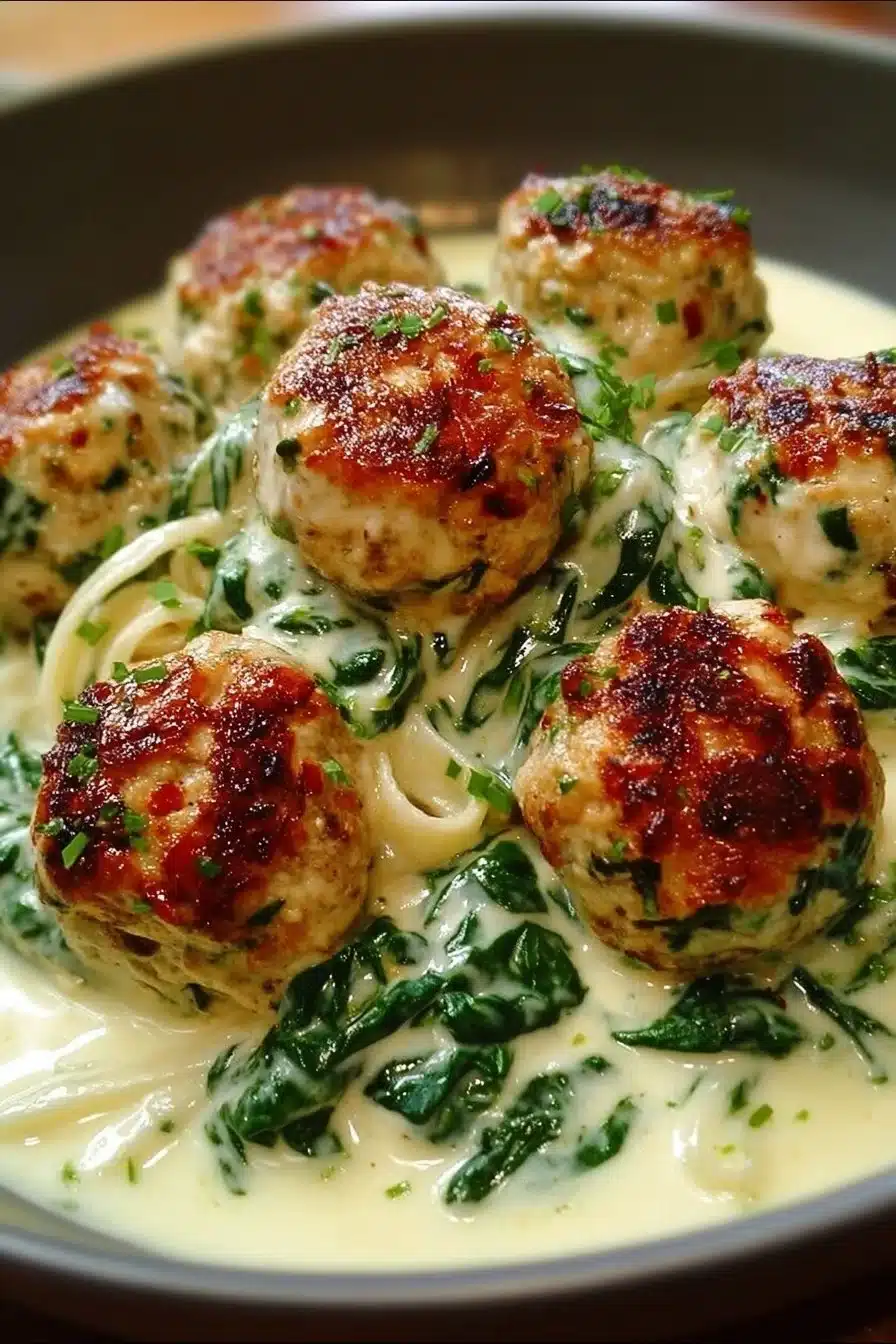 Baked Chicken Ricotta Meatballs and Spinach Alfredo Sauce