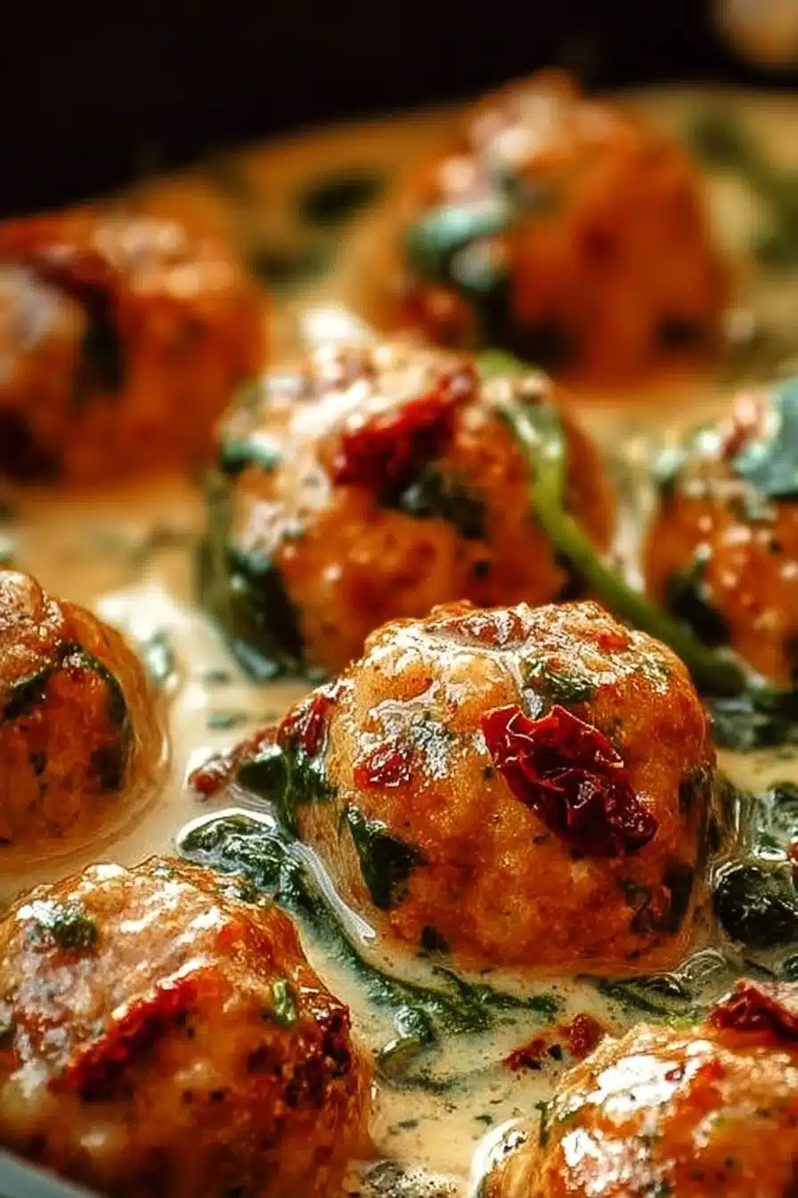 Baked Chicken Ricotta Meatballs with Spinach Alfredo Sauce