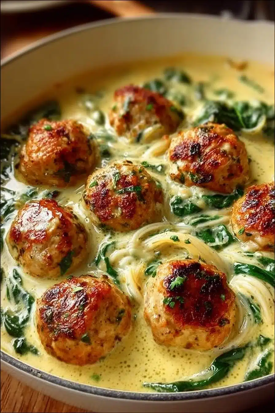 Baked Chicken Ricotta Meatballs with Spinach Alfredo Sauce