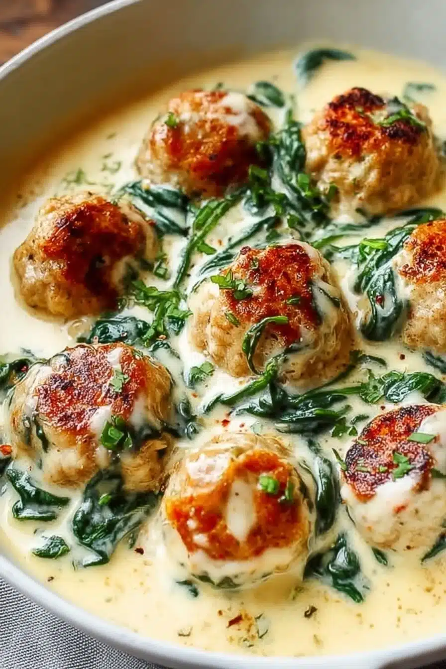 Baked Chicken Ricotta Meatballs with Spinach Alfredo Bliss