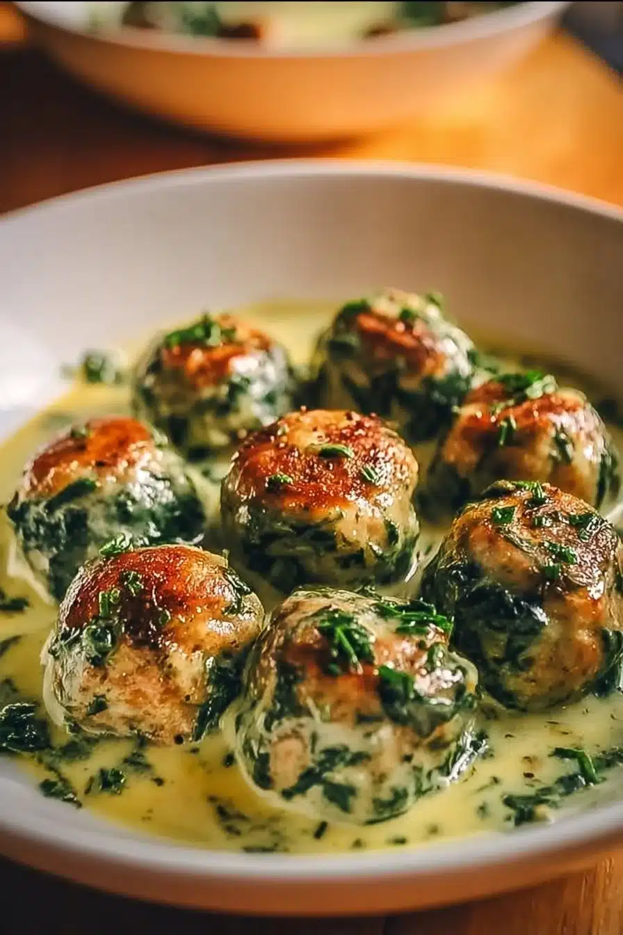 Baked Chicken Ricotta Meatballs with Spinach Alfredo