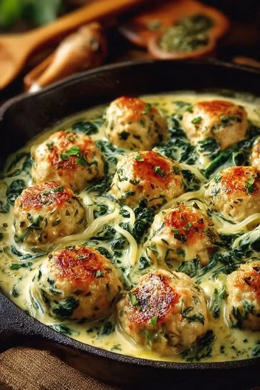 Chicken ricotta meatballs in spinach Alfredo sauce, garnished with parsley.