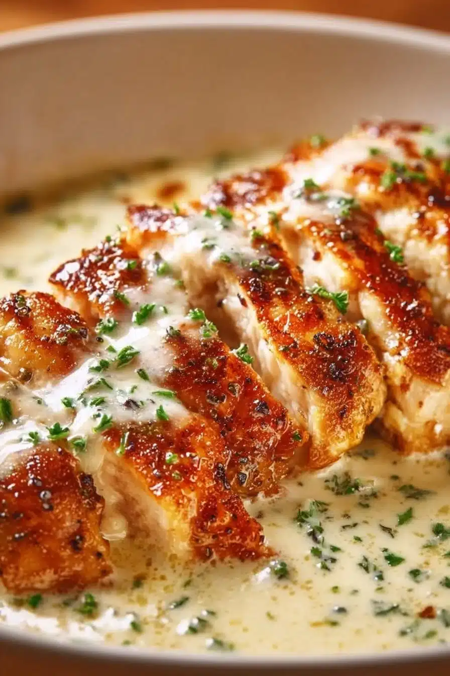 Delicious plate of creamy garlic chicken garnished with herbs