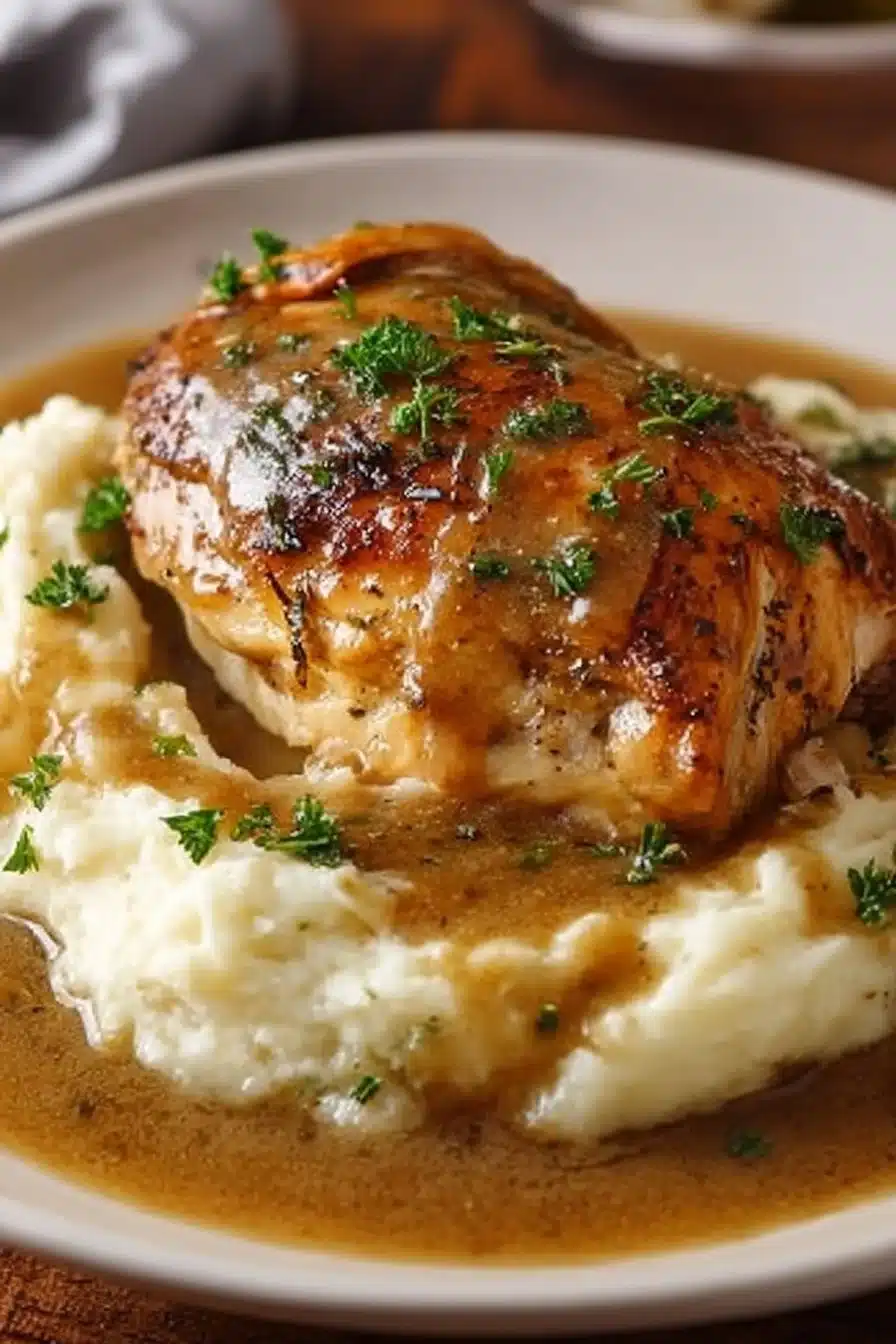 Slow-cooked Crockpot Chicken and Gravy with creamy sauce over rice