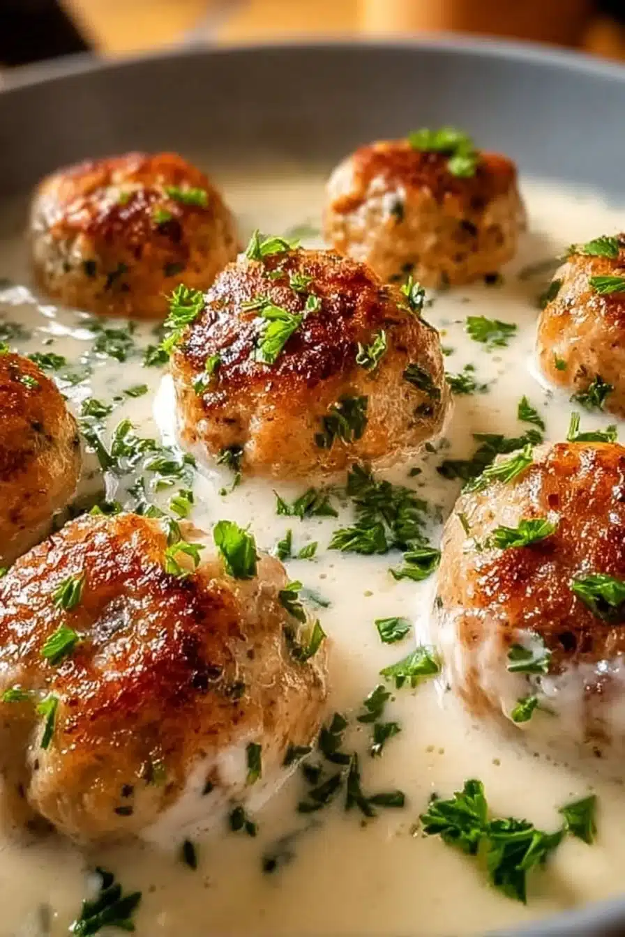 Garlic-Parmesan Chicken Meatballs in Cream Sauce