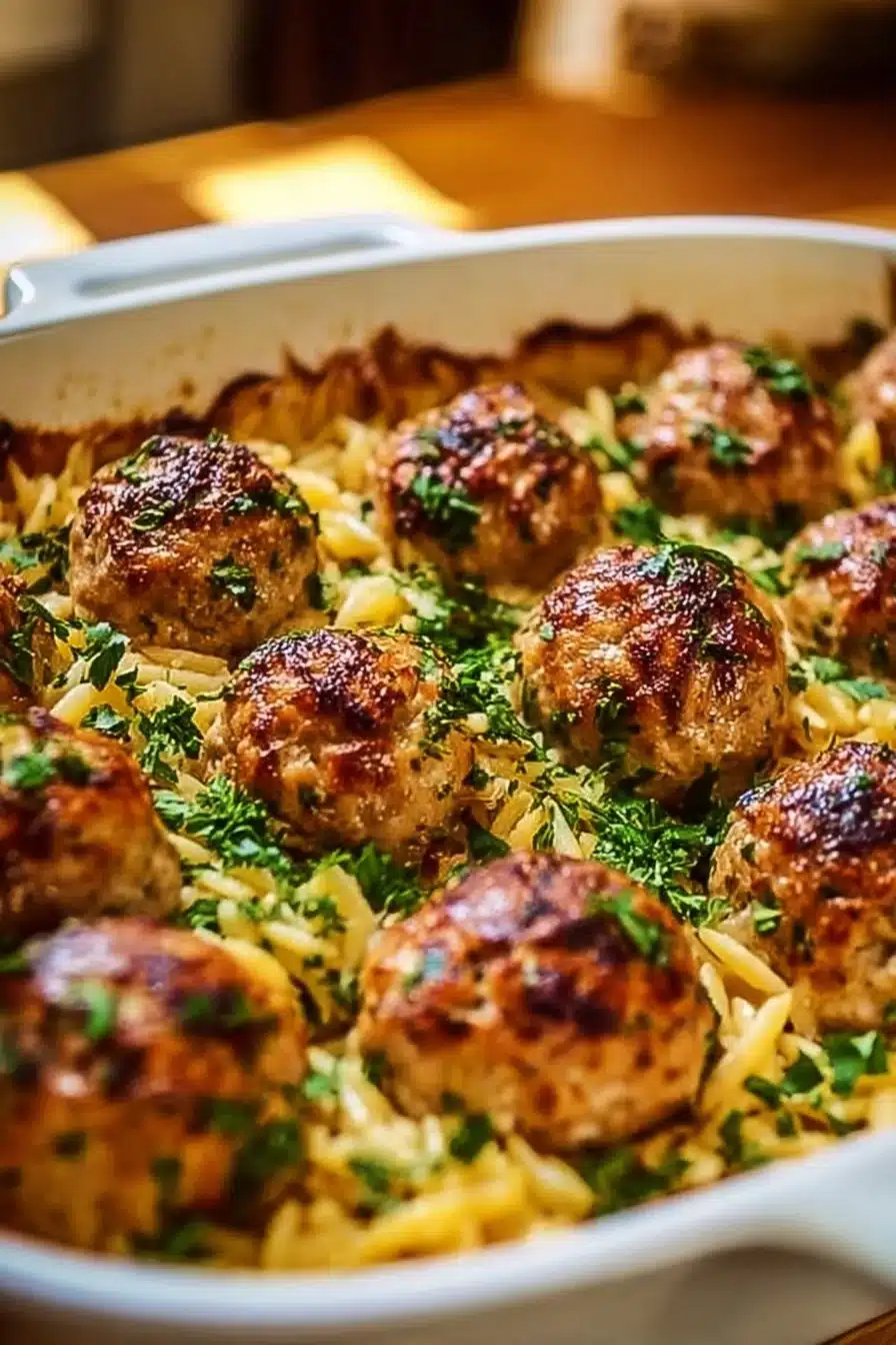 Greek Chicken Meatballs with Lemon Orzo